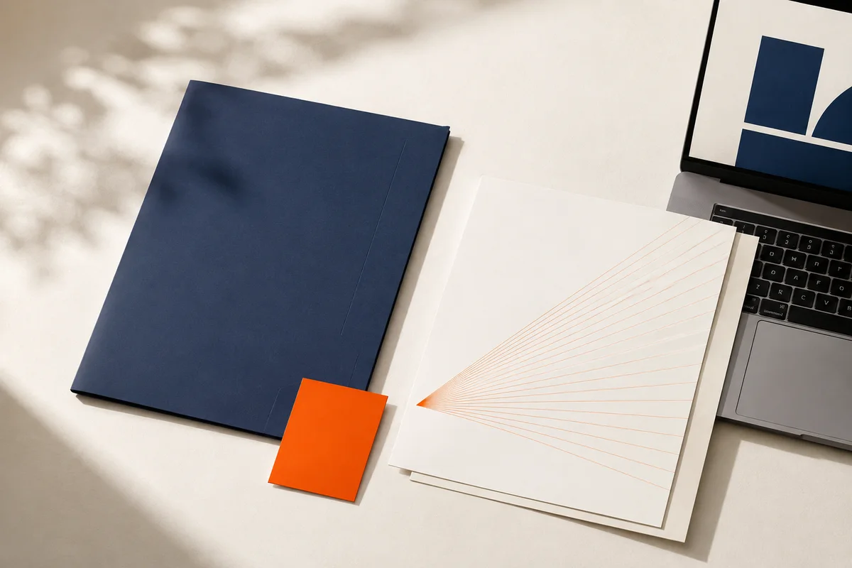Conceptual navy and orange brand stationery with a laptop on an ivory studio table